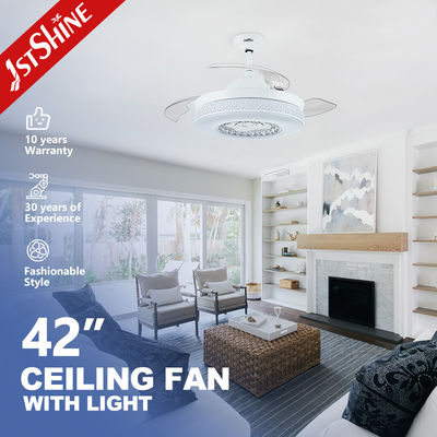 Low Watt Elegant White Color Retractable Ceiling Fan Light with Crystal Lampshade